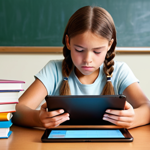 **

> A student looking engaged and confident while using an adaptive learning platform on a tablet. The platform's interface shows personalized content and progress tracking. Soft, encouraging lighting. Background subtly depicts common school frustrations, such as a pile of textbooks or a clock ticking.

**