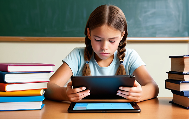 **
> A student looking engaged and confident while using an adaptive learning platform on a tablet. The platform's interface shows personalized content and progress tracking. Soft, encouraging lighting. Background subtly depicts common school frustrations, such as a pile of textbooks or a clock ticking.
**